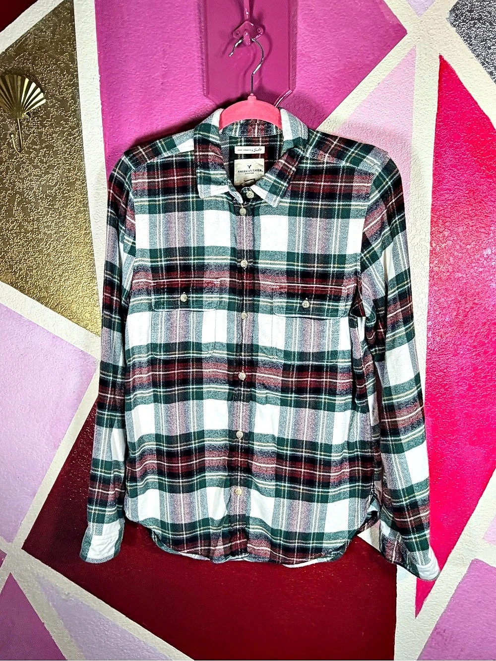 American Eagle Ahh-mazingly Soft Cream Green Red Plaid Flannel Shirt M